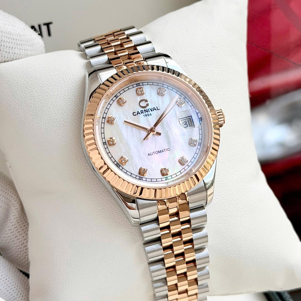 Đồng Hồ Nam Carnival 8250G-CH-TK Automatic Dây Demi Vàng Hồng Mặt Xà Cừ Trắng Size 38mm