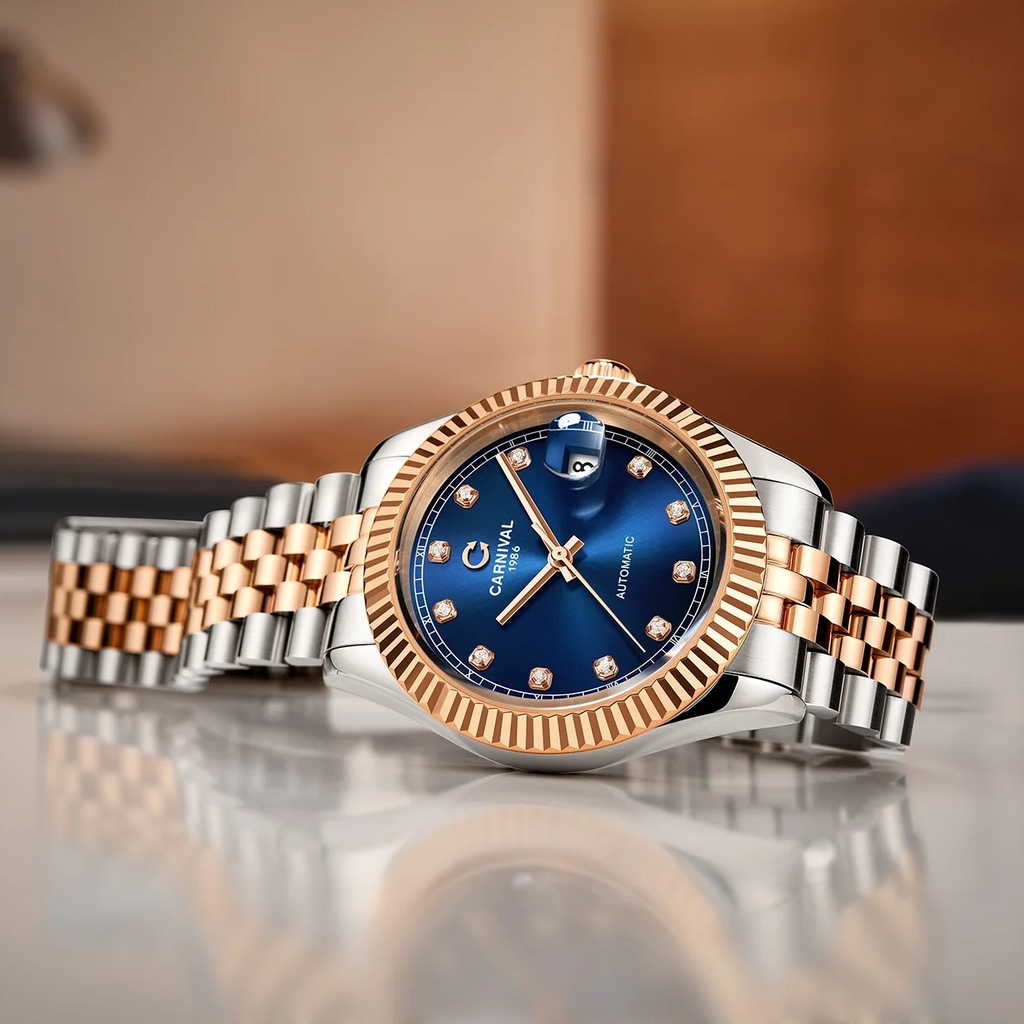 Đồng Hồ Nam Carnival 8250G-CH-X Automatic Dây Demi Vàng Hồng Mặt Xanh Dương Size 38mm