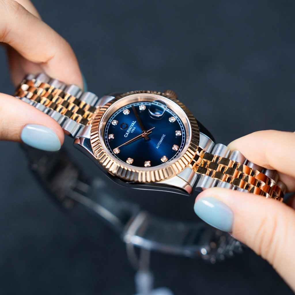 Đồng Hồ Nam Carnival 8250G-CH-X Automatic Dây Demi Vàng Hồng Mặt Xanh Dương Size 38mm