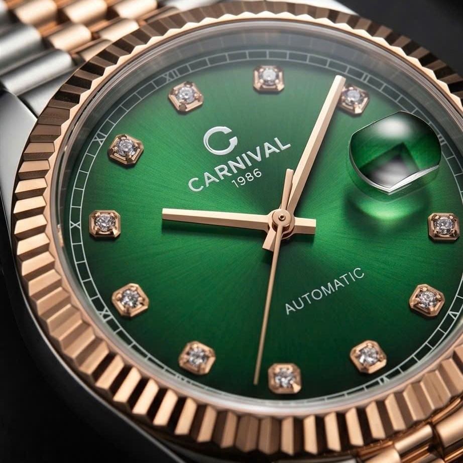 Đồng Hồ Nam Carnival 8250G-CH-XL Automatic Dây Thép Demi Vàng Hồng Mặt Xanh Lá Size 38mm