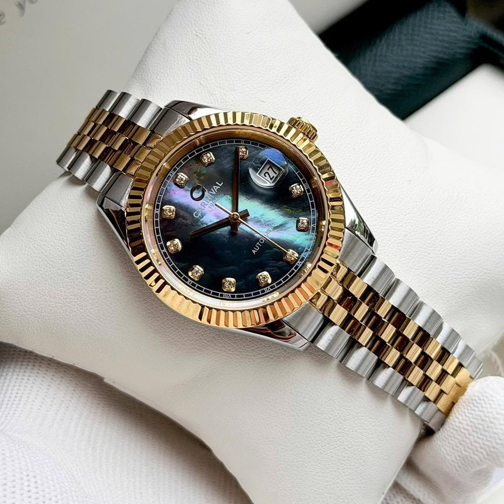 Đồng Hồ Nam Carnival 8250G-CV-DK Automatic Dây Thép Demi Vàng Mặt Xà Cừ Xám Đen Size 38mm