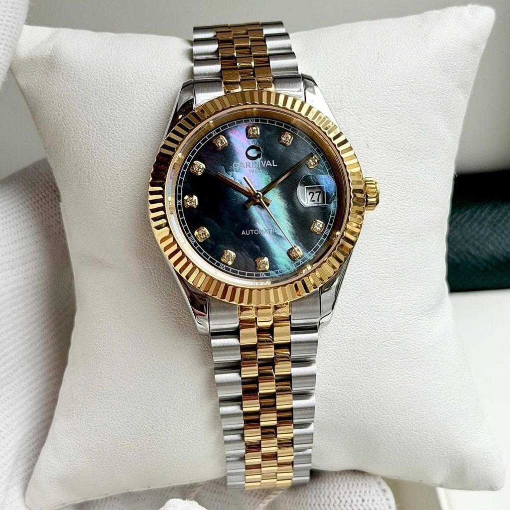 Đồng Hồ Nam Carnival 8250G-CV-DK Automatic Dây Thép Demi Vàng Mặt Xà Cừ Xám Đen Size 38mm