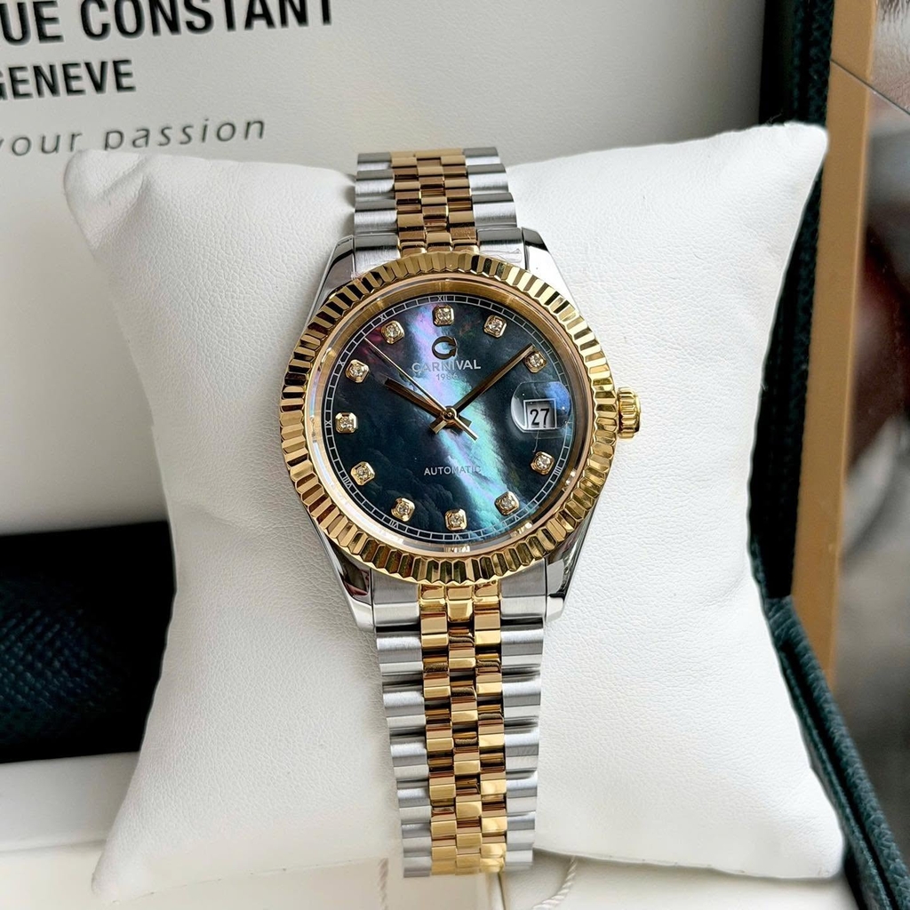 Đồng Hồ Nam Carnival 8250G-CV-DK Automatic Dây Thép Demi Vàng Mặt Xà Cừ Xám Đen Size 38mm
