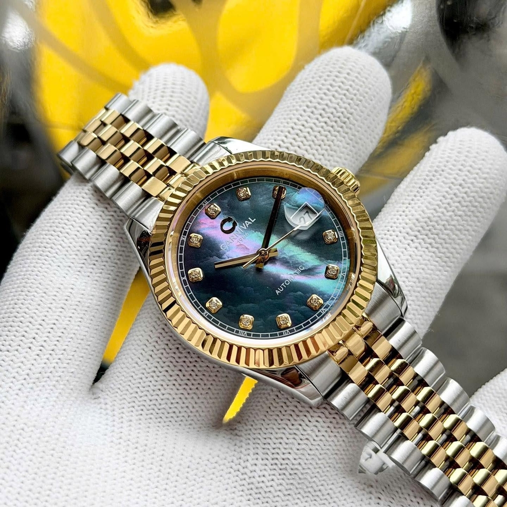 Đồng Hồ Nam Carnival 8250G-CV-DK Automatic Dây Thép Demi Vàng Mặt Xà Cừ Xám Đen Size 38mm