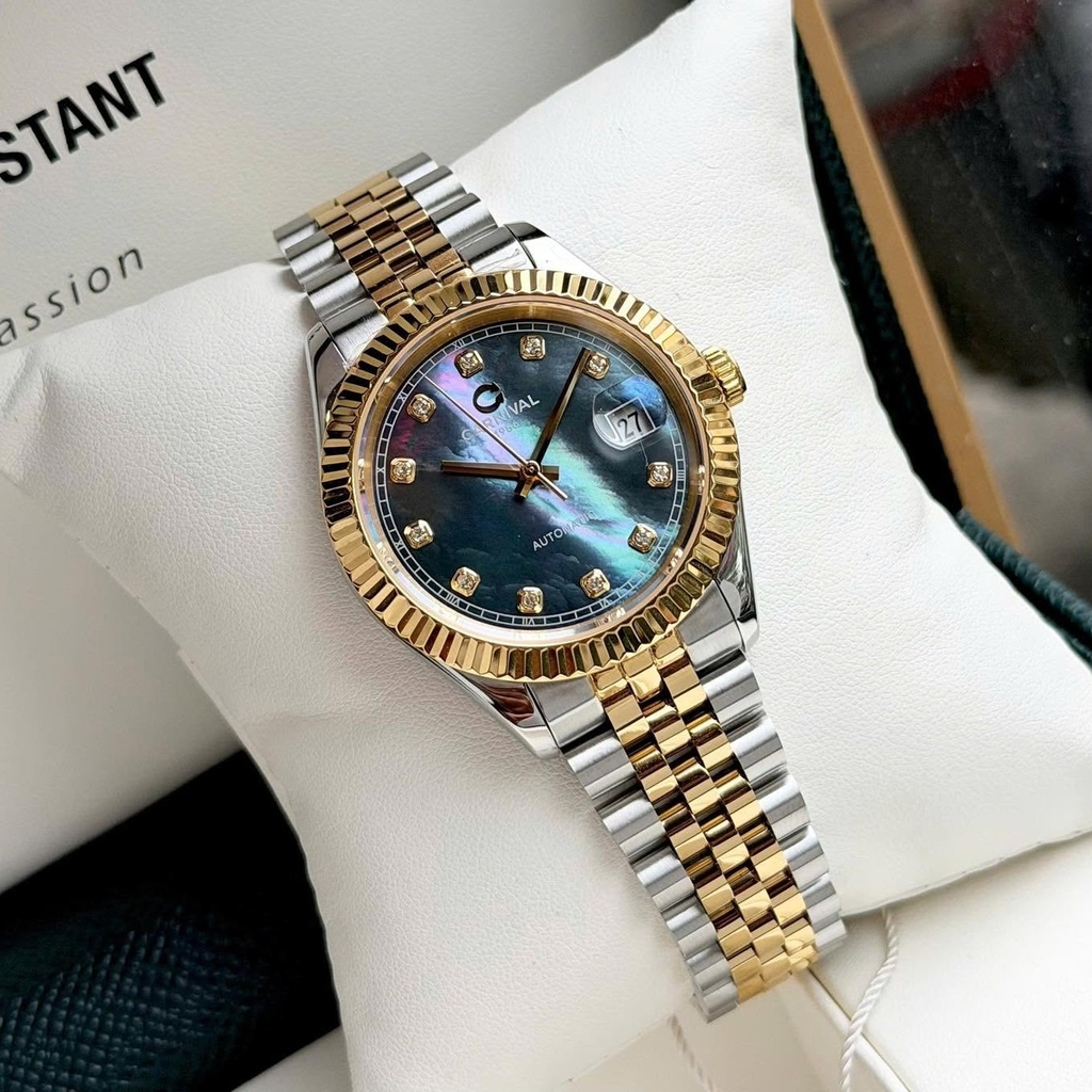Đồng Hồ Nam Carnival 8250G-CV-DK Automatic Dây Thép Demi Vàng Mặt Xà Cừ Xám Đen Size 38mm