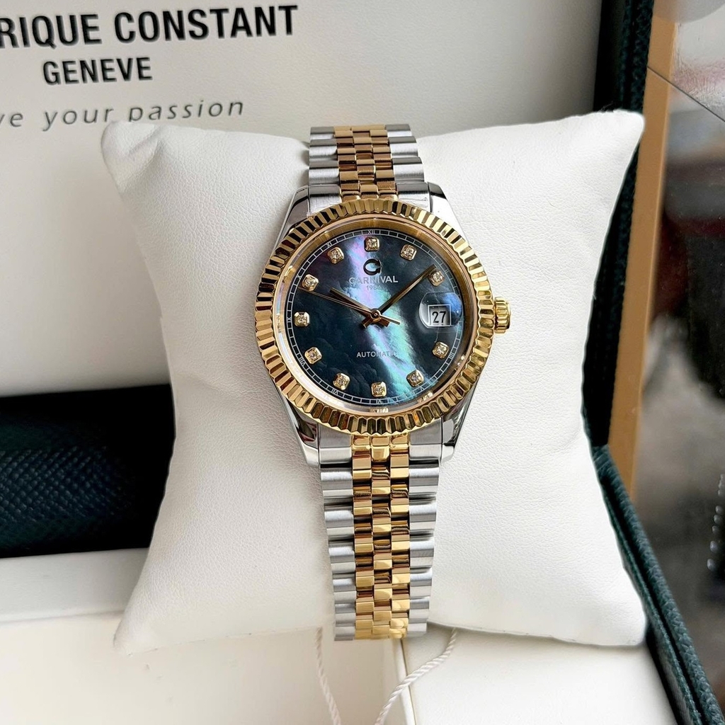Đồng Hồ Nam Carnival 8250G-CV-DK Automatic Dây Thép Demi Vàng Mặt Xà Cừ Xám Đen Size 38mm