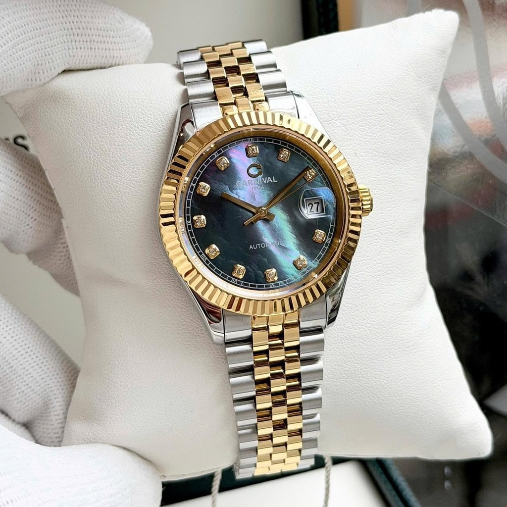 Đồng Hồ Nam Carnival 8250G-CV-DK Automatic Dây Thép Demi Vàng Mặt Xà Cừ Xám Đen Size 38mm