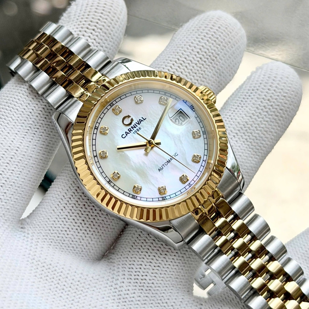 Đồng Hồ Nam Carnival 8250G-CV-TK Automatic Dây Thép Demi Vàng Mặt Xà Cừ Trắng Size 38mm