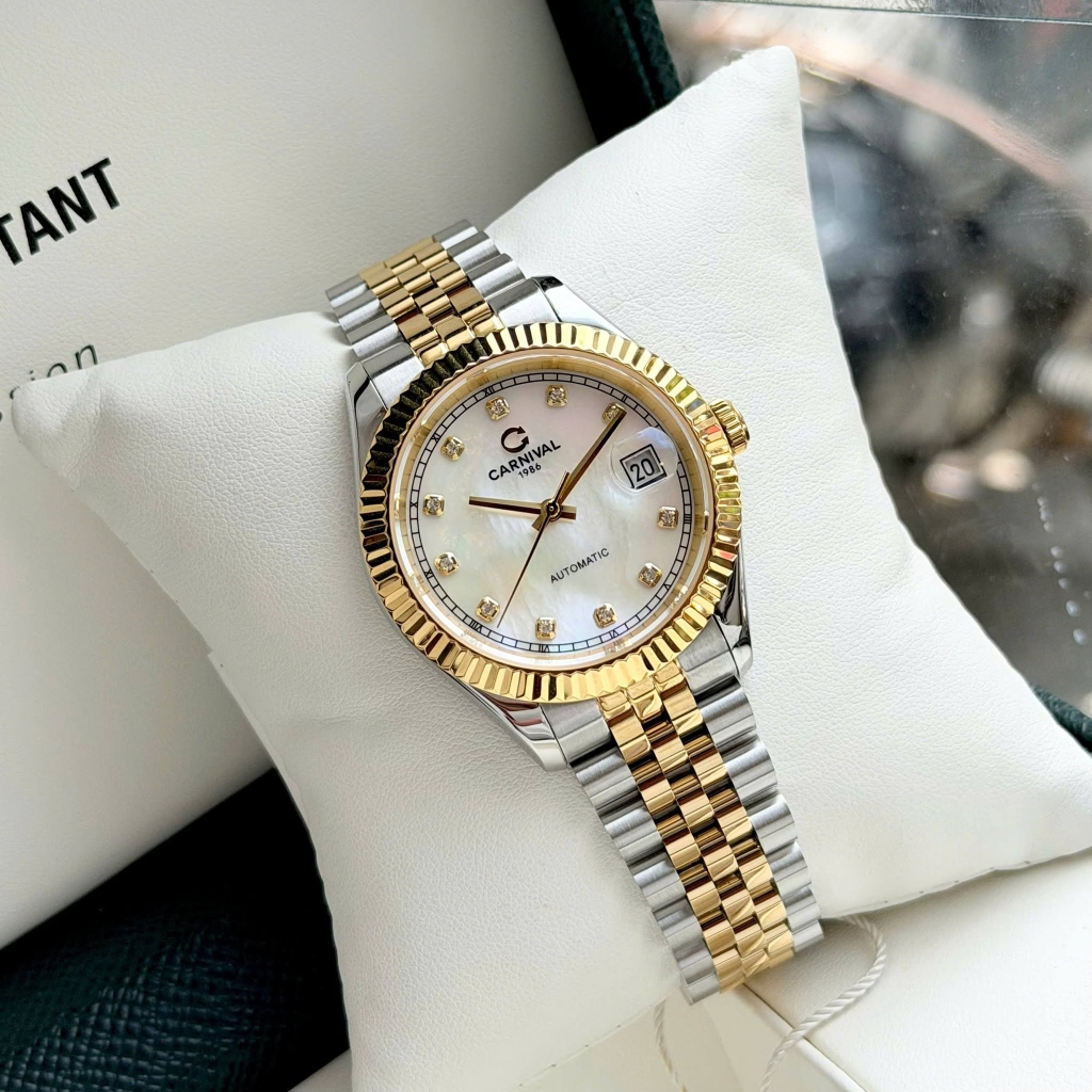 Đồng Hồ Nam Carnival 8250G-CV-TK Automatic Dây Thép Demi Vàng Mặt Xà Cừ Trắng Size 38mm