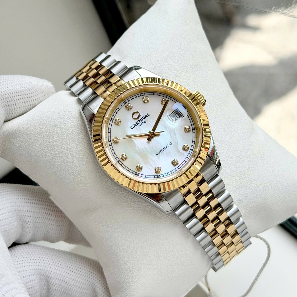 Đồng Hồ Nam Carnival 8250G-CV-TK Automatic Dây Thép Demi Vàng Mặt Xà Cừ Trắng Size 38mm