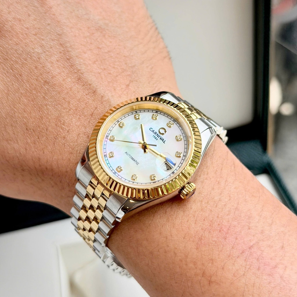 Đồng Hồ Nam Carnival 8250G-CV-TK Automatic Dây Thép Demi Vàng Mặt Xà Cừ Trắng Size 38mm