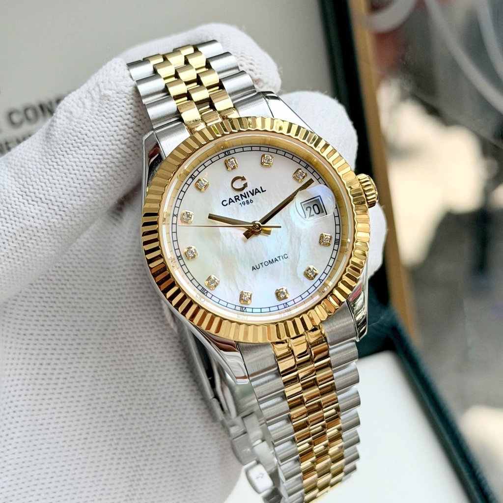Đồng Hồ Nam Carnival 8250G-CV-TK Automatic Dây Thép Demi Vàng Mặt Xà Cừ Trắng Size 38mm