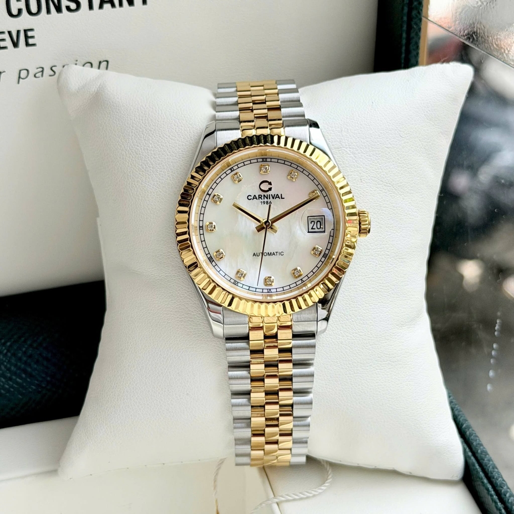 Đồng Hồ Nam Carnival 8250G-CV-TK Automatic Dây Thép Demi Vàng Mặt Xà Cừ Trắng Size 38mm