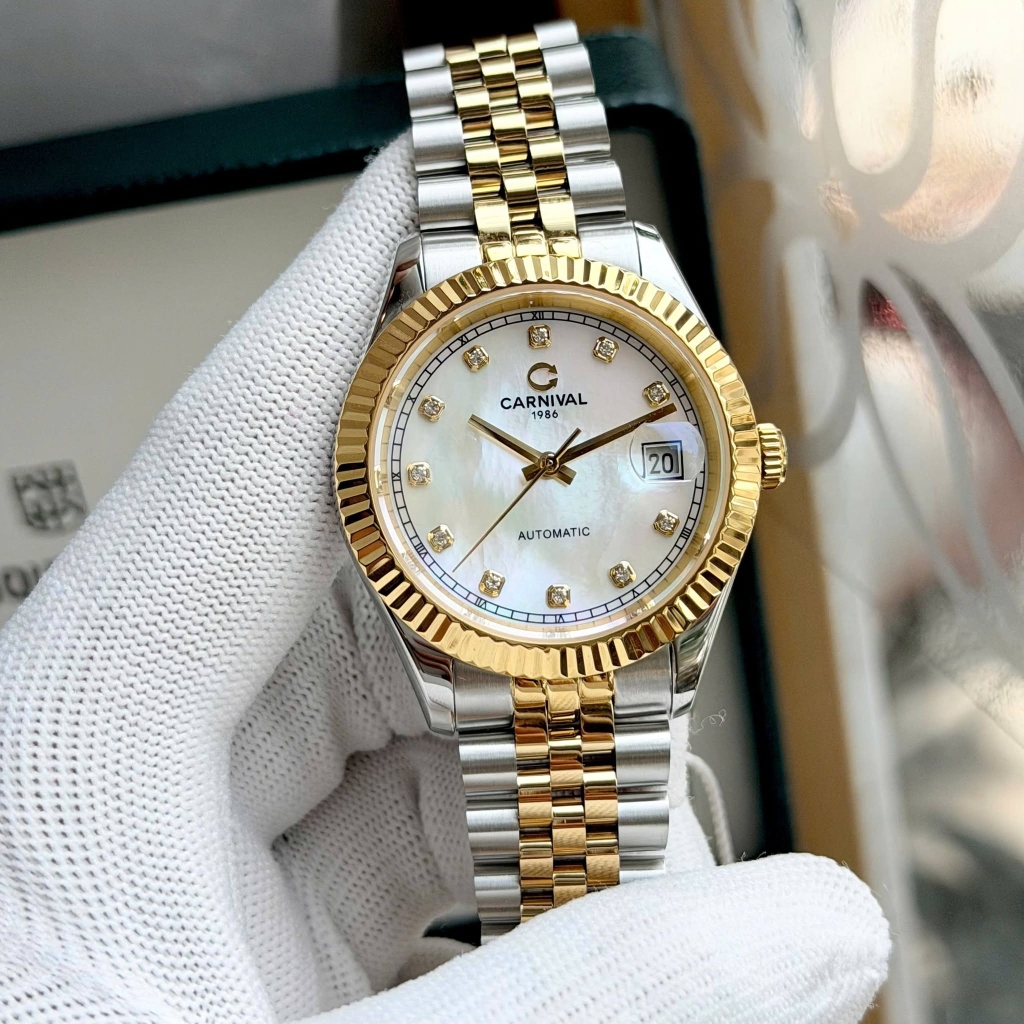 Đồng Hồ Nam Carnival 8250G-CV-TK Automatic Dây Thép Demi Vàng Mặt Xà Cừ Trắng Size 38mm