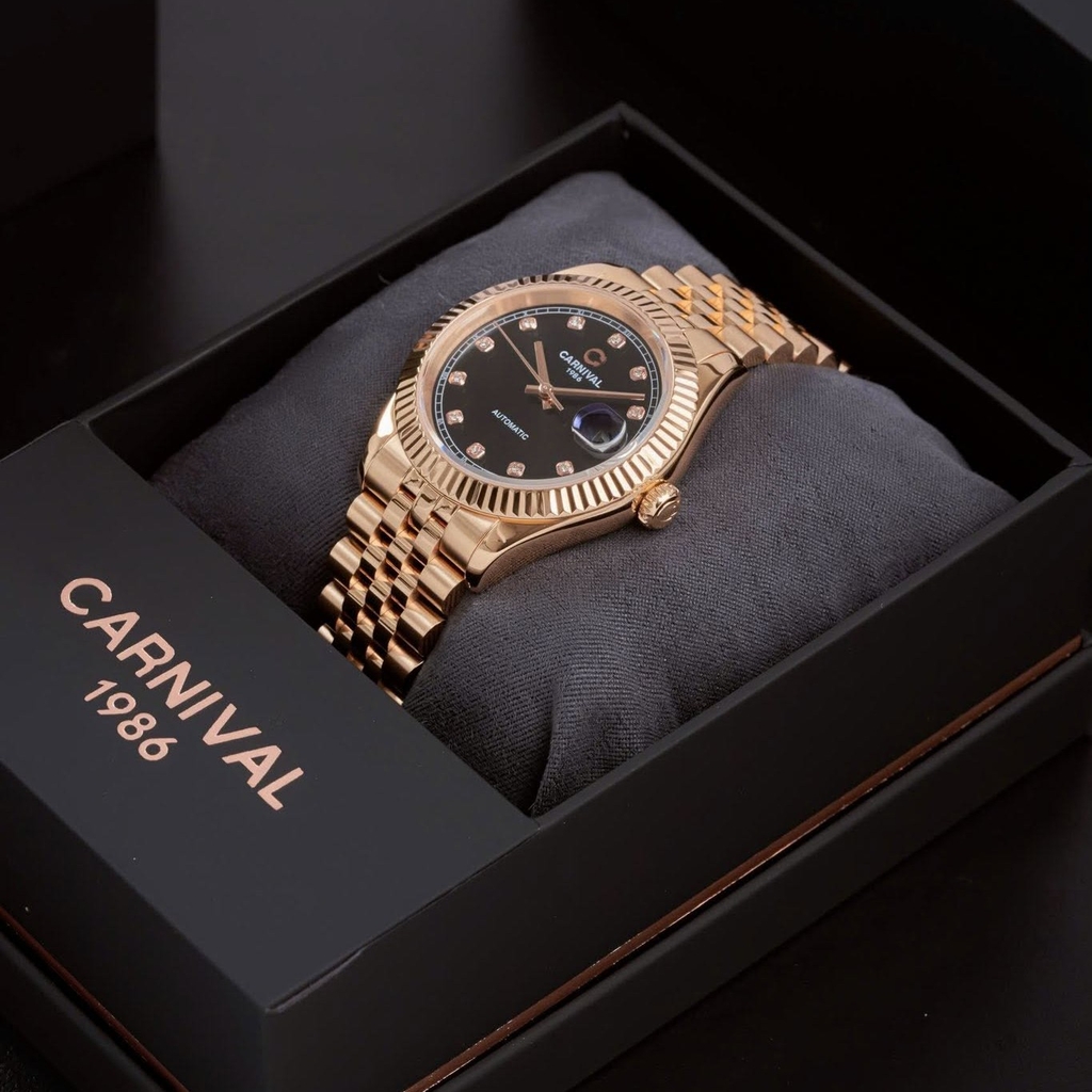 Đồng Hồ Nam Carnival 8250G-VH-D Automatic Dây Thép Màu Vàng Hồng Mặt Đen Size 38mm