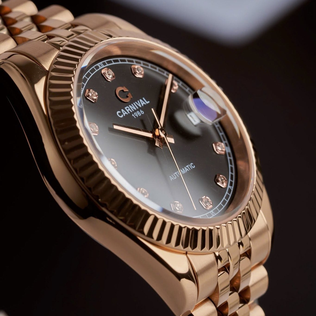 Đồng Hồ Nam Carnival 8250G-VH-D Automatic Dây Thép Màu Vàng Hồng Mặt Đen Size 38mm