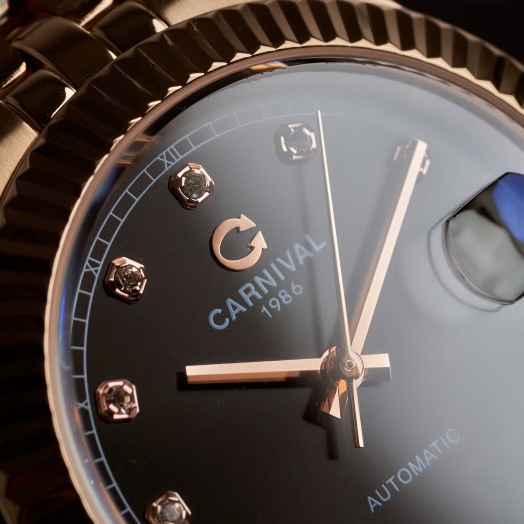 Đồng Hồ Nam Carnival 8250G-VH-D Automatic Dây Thép Màu Vàng Hồng Mặt Đen Size 38mm