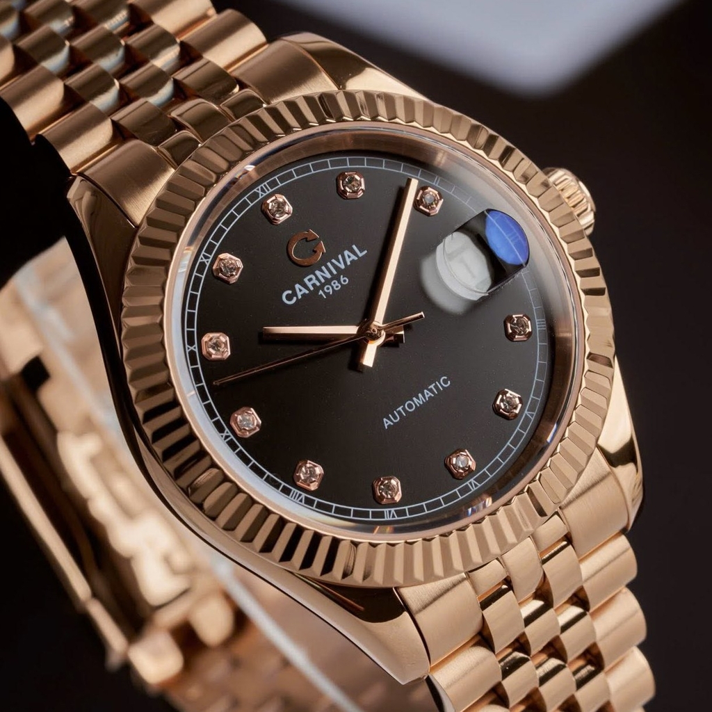 Đồng Hồ Nam Carnival 8250G-VH-D Automatic Dây Thép Màu Vàng Hồng Mặt Đen Size 38mm