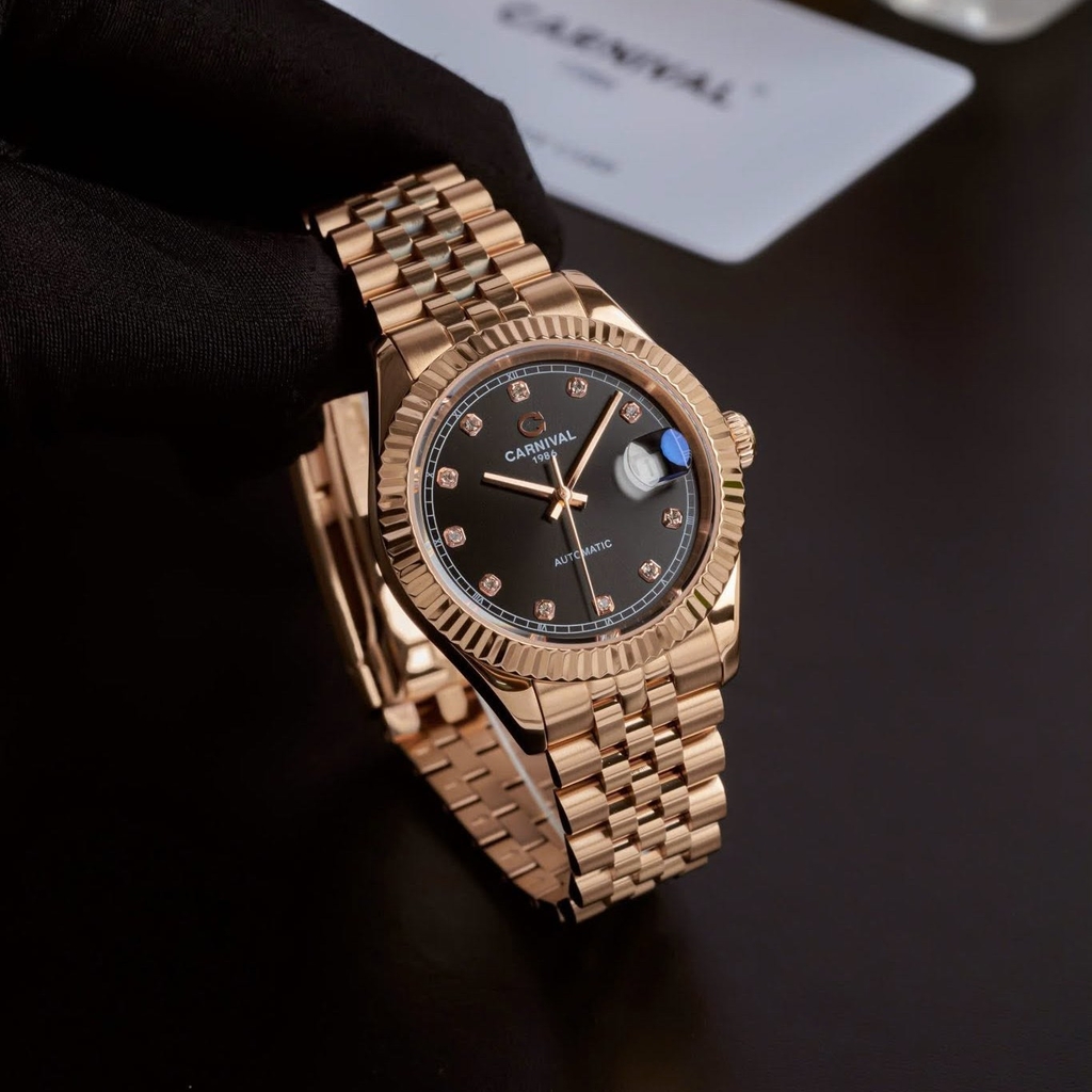 Đồng Hồ Nam Carnival 8250G-VH-D Automatic Dây Thép Màu Vàng Hồng Mặt Đen Size 38mm