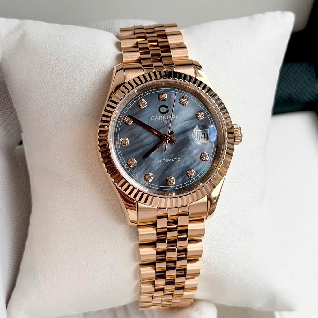 Đồng Hồ Nam Carnival 8250G-VH-DK Automatic Dây Thép Vàng Hồng Mặt Xà Cừ Xám Đen Size 38mm