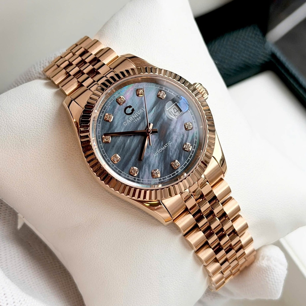 Đồng Hồ Nam Carnival 8250G-VH-DK Automatic Dây Thép Vàng Hồng Mặt Xà Cừ Xám Đen Size 38mm
