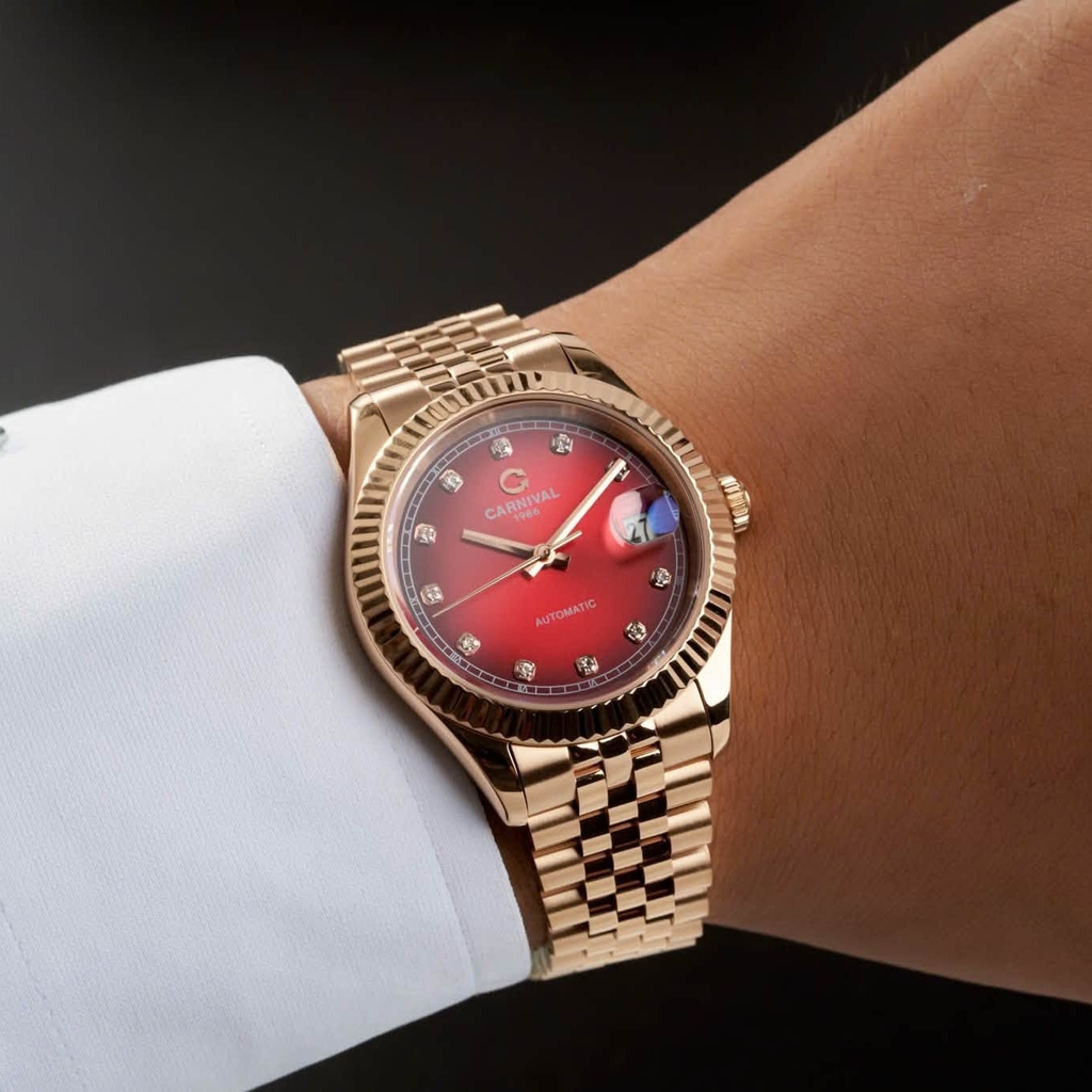 Đồng Hồ Nam Carnival 8250G-VH-DO Automatic Dây Thép Màu Vàng Hồng Mặt Đỏ Size 38mm