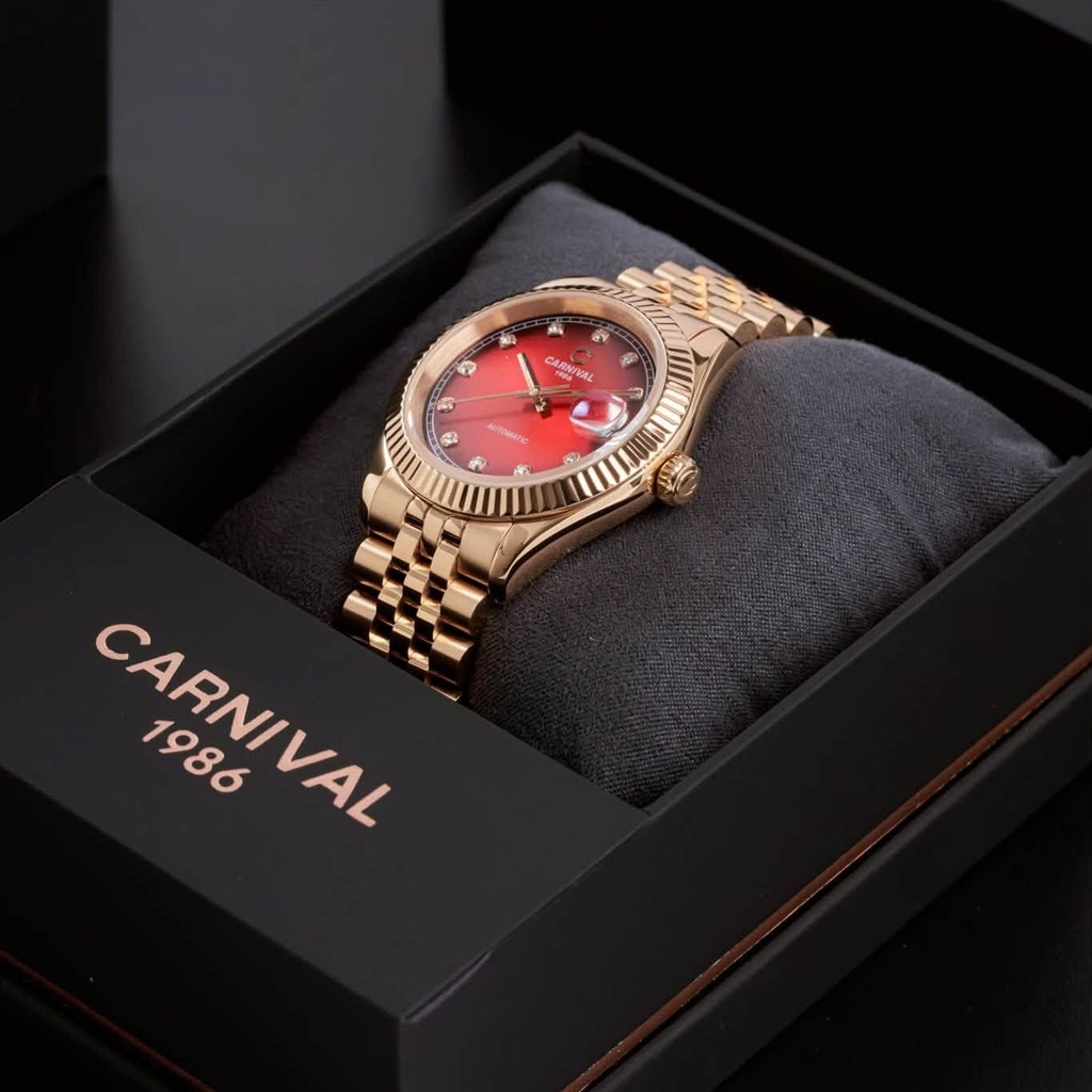 Đồng Hồ Nam Carnival 8250G-VH-DO Automatic Dây Thép Màu Vàng Hồng Mặt Đỏ Size 38mm