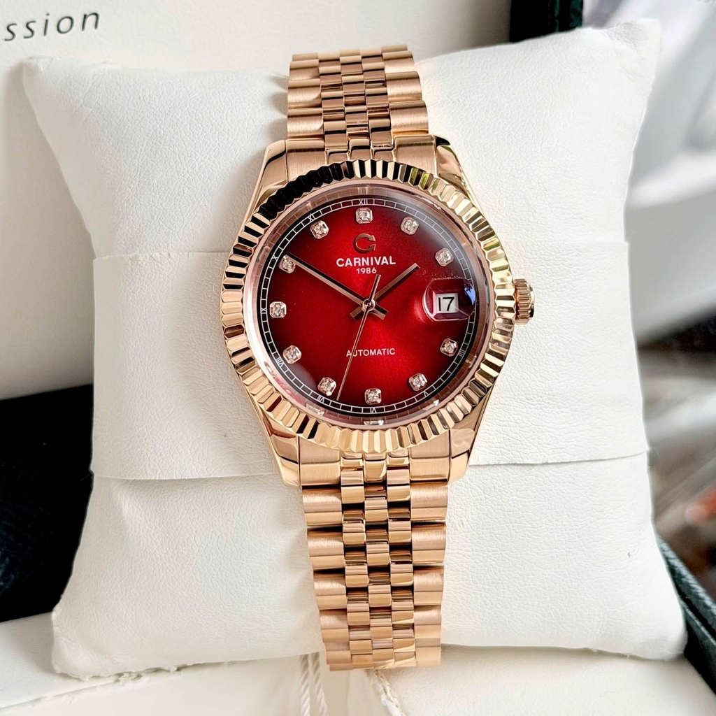 Đồng Hồ Nam Carnival 8250G-VH-DO Automatic Dây Thép Màu Vàng Hồng Mặt Đỏ Size 38mm