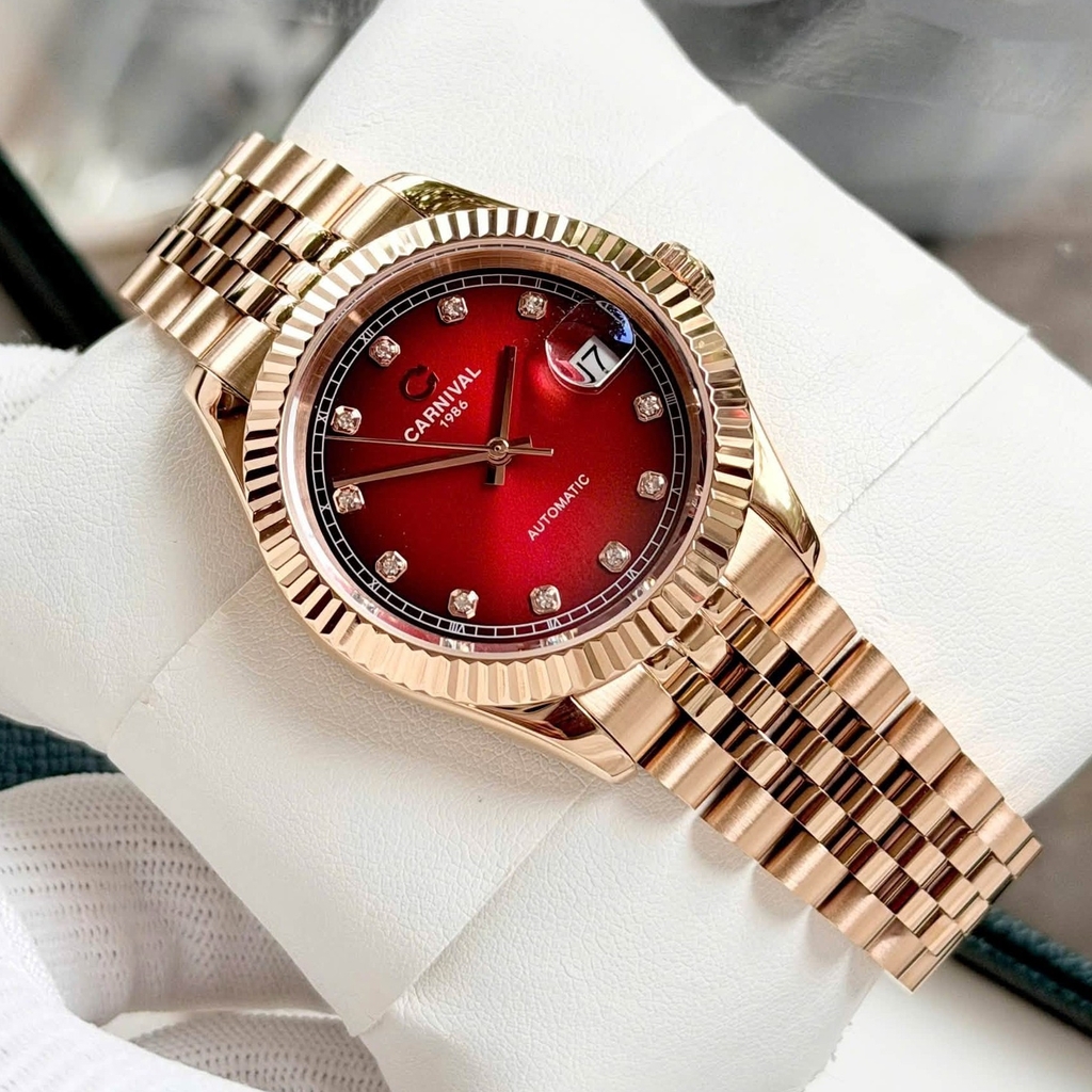 Đồng Hồ Nam Carnival 8250G-VH-DO Automatic Dây Thép Màu Vàng Hồng Mặt Đỏ Size 38mm