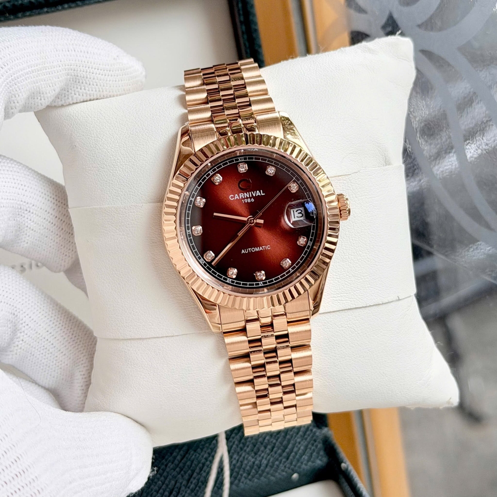 Đồng Hồ Nam Carnival 8250G-VH-N Automatic Dây Thép Màu Vàng Hồng Mặt Nâu Size 38mm