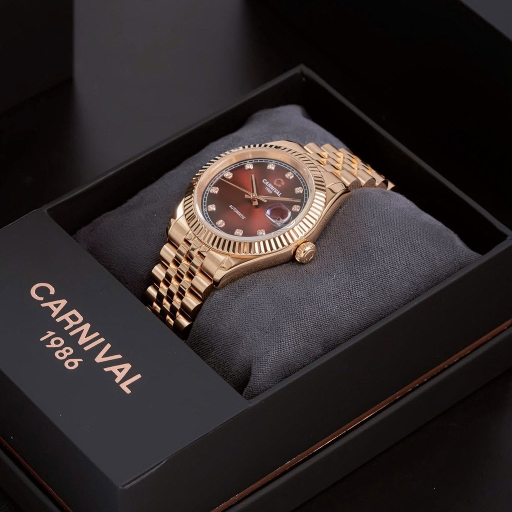 Đồng Hồ Nam Carnival 8250G-VH-N Automatic Dây Thép Màu Vàng Hồng Mặt Nâu Size 38mm