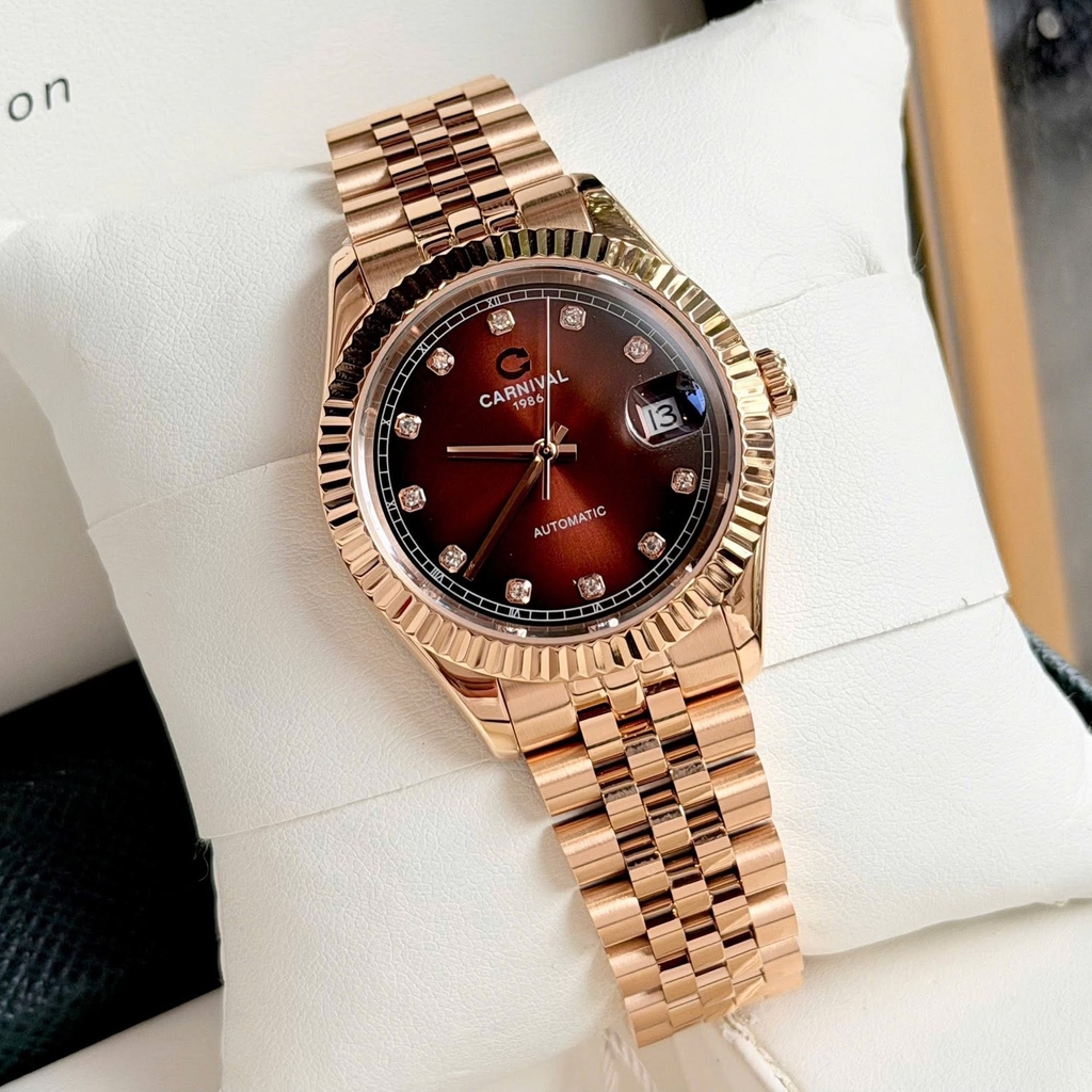 Đồng Hồ Nam Carnival 8250G-VH-N Automatic Dây Thép Màu Vàng Hồng Mặt Nâu Size 38mm