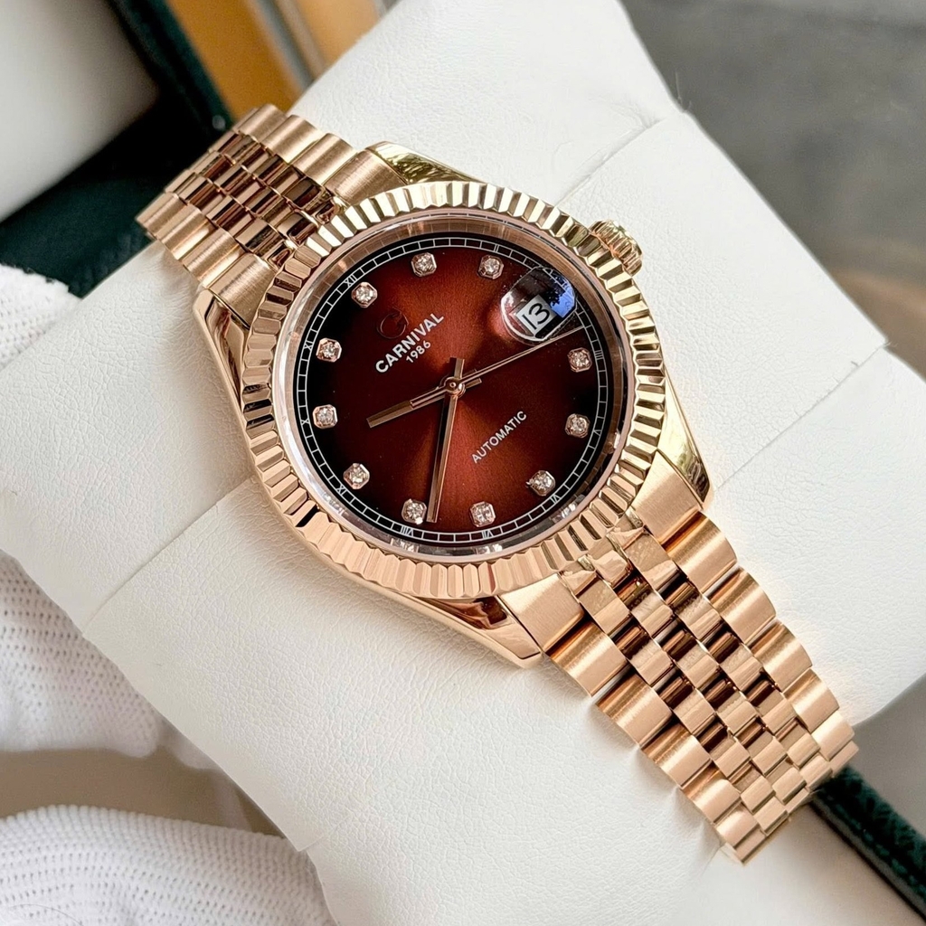 Đồng Hồ Nam Carnival 8250G-VH-N Automatic Dây Thép Màu Vàng Hồng Mặt Nâu Size 38mm