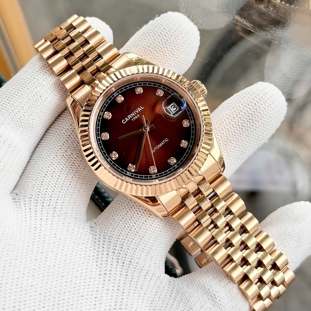 Đồng Hồ Nam Carnival 8250G-VH-N Automatic Dây Thép Màu Vàng Hồng Mặt Nâu Size 38mm