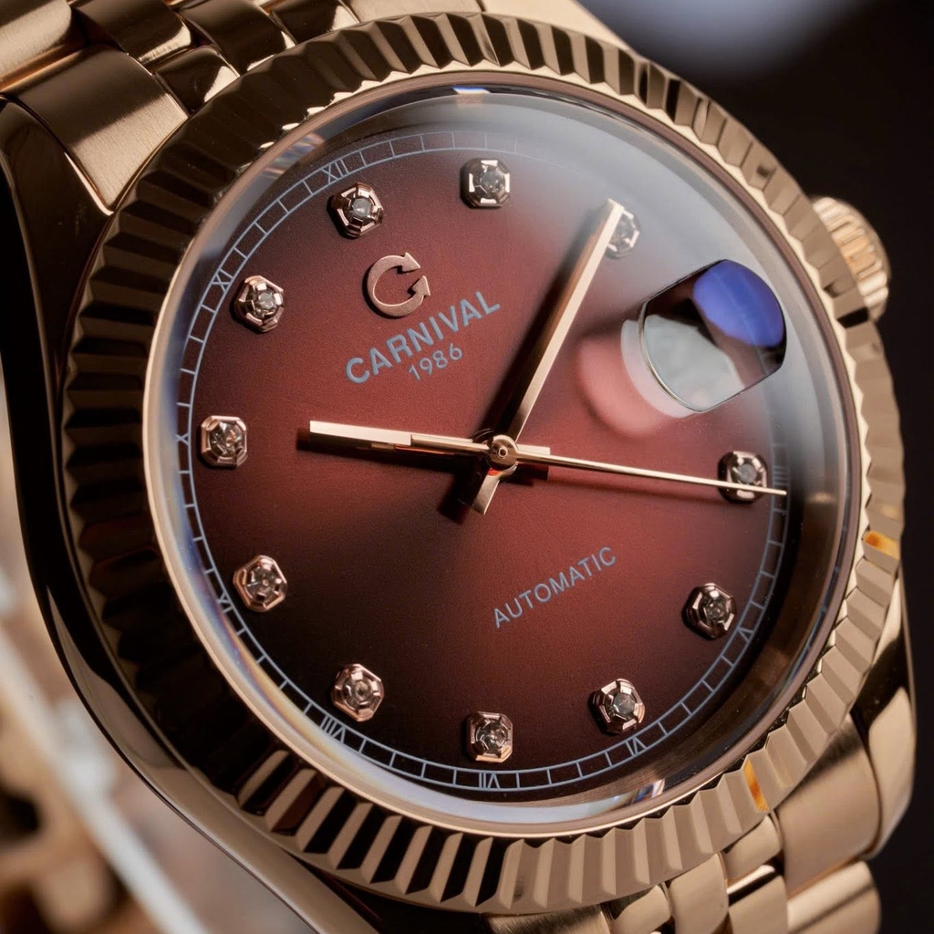 Đồng Hồ Nam Carnival 8250G-VH-N Automatic Dây Thép Màu Vàng Hồng Mặt Nâu Size 38mm