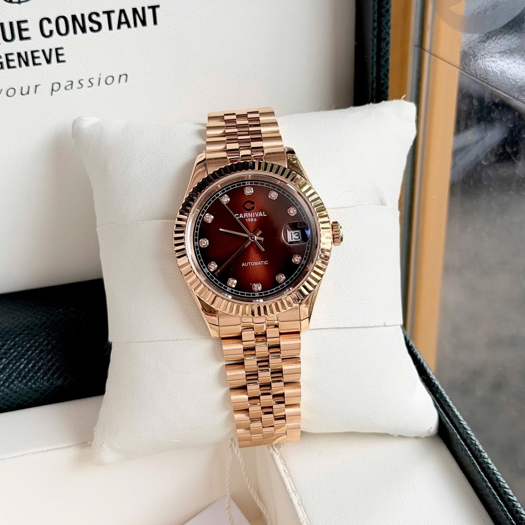 Đồng Hồ Nam Carnival 8250G-VH-N Automatic Dây Thép Màu Vàng Hồng Mặt Nâu Size 38mm