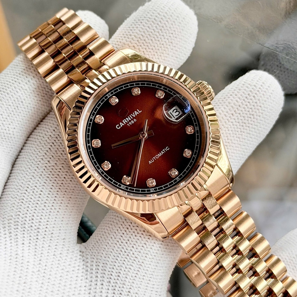 Đồng Hồ Nam Carnival 8250G-VH-N Automatic Dây Thép Màu Vàng Hồng Mặt Nâu Size 38mm