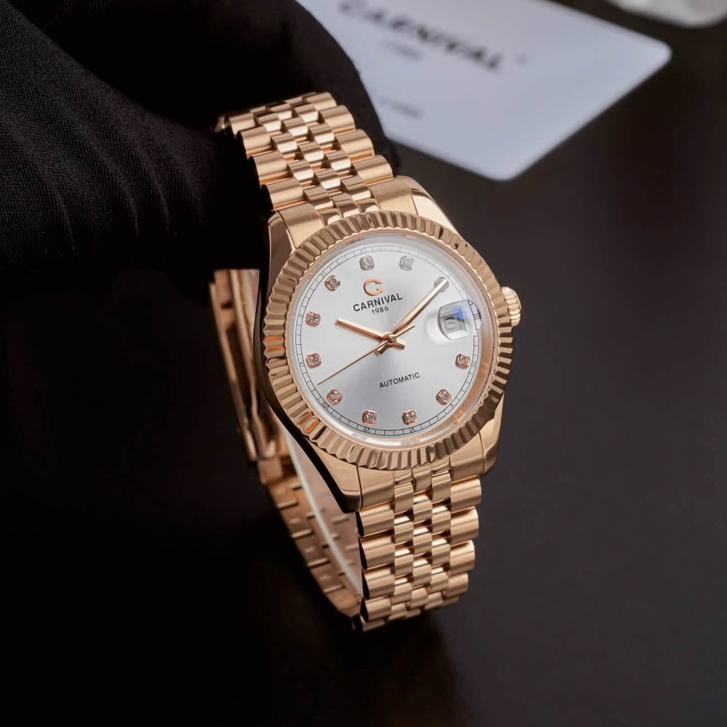Đồng Hồ Nam Carnival 8250G-VH-T Automatic Dây Thép Màu Vàng Hồng Mặt Trắng Size 38mm