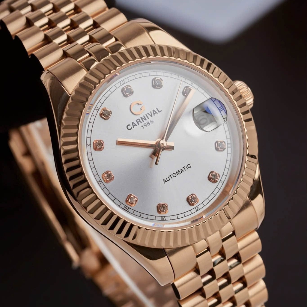 Đồng Hồ Nam Carnival 8250G-VH-T Automatic Dây Thép Màu Vàng Hồng Mặt Trắng Size 38mm