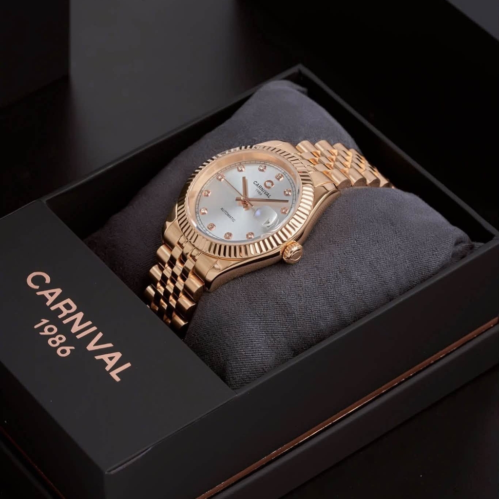 Đồng Hồ Nam Carnival 8250G-VH-T Automatic Dây Thép Màu Vàng Hồng Mặt Trắng Size 38mm