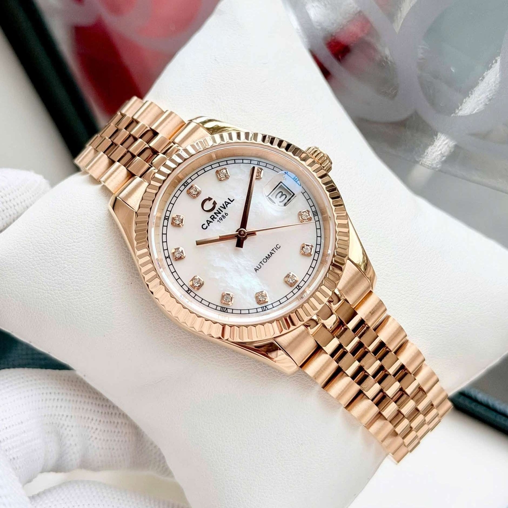 Đồng Hồ Nam Carnival 8250G-VH-TK Automatic Dây Thép Vàng Hồng Mặt Xà Cừ Trắng Size 38mm