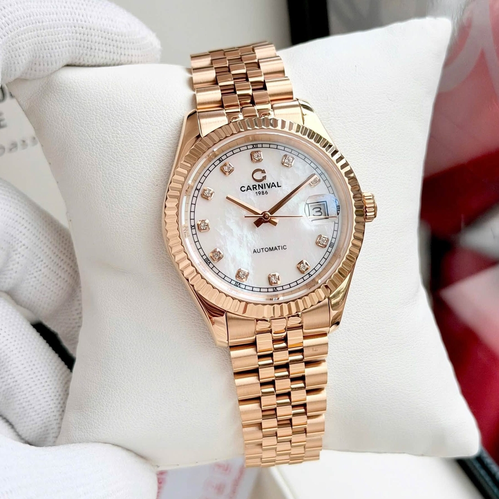 Đồng Hồ Nam Carnival 8250G-VH-TK Automatic Dây Thép Vàng Hồng Mặt Xà Cừ Trắng Size 38mm