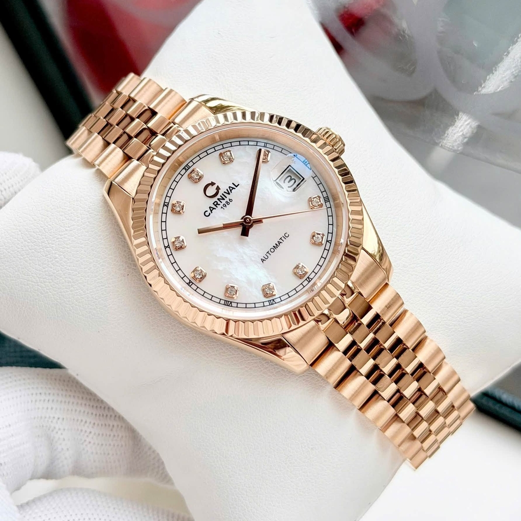 Đồng Hồ Nam Carnival 8250G-VH-TK Automatic Dây Thép Vàng Hồng Mặt Xà Cừ Trắng Size 38mm