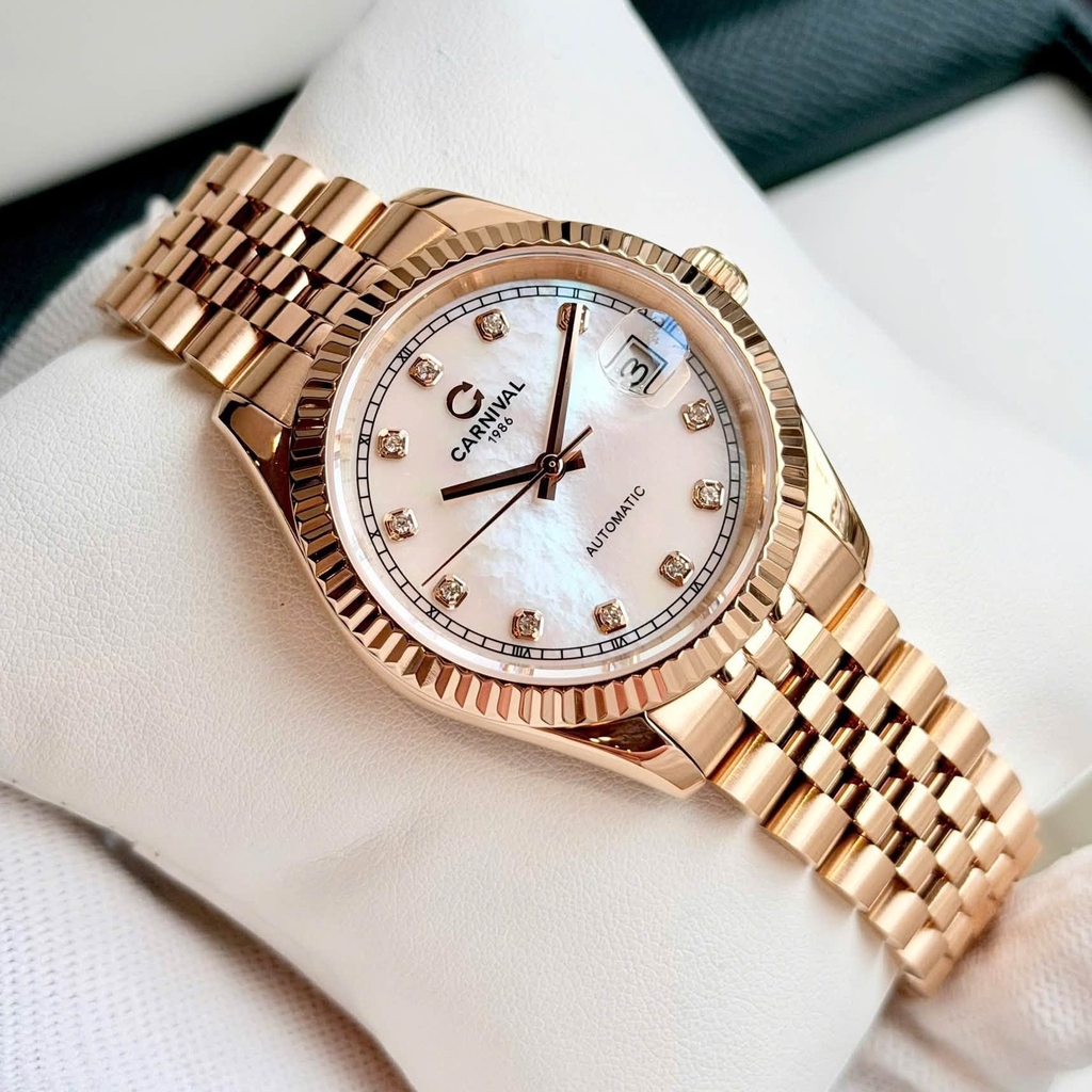 Đồng Hồ Nam Carnival 8250G-VH-TK Automatic Dây Thép Vàng Hồng Mặt Xà Cừ Trắng Size 38mm