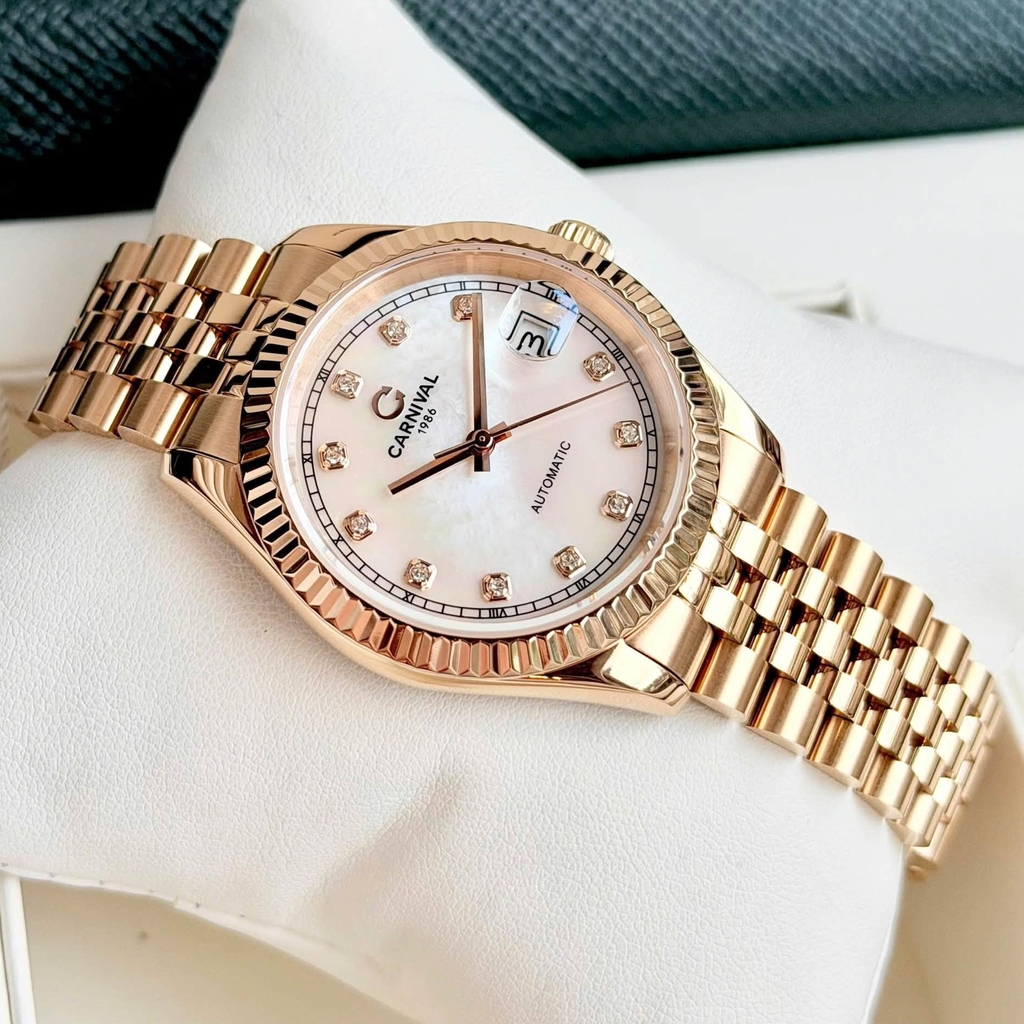Đồng Hồ Nam Carnival 8250G-VH-TK Automatic Dây Thép Vàng Hồng Mặt Xà Cừ Trắng Size 38mm