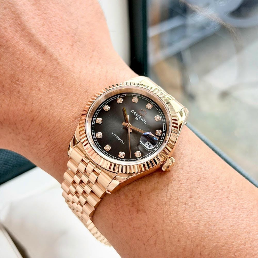 Đồng Hồ Nam Carnival 8250G-VH-TX Automatic Dây Thép Màu Vàng Hồng Mặt Xám Size 38mm