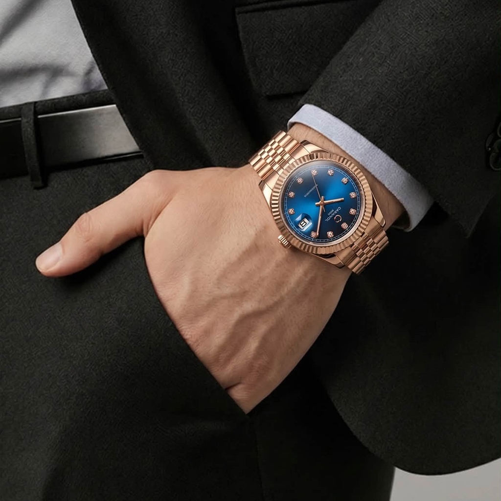 Đồng Hồ Nam Carnival 8250G-VH-X Automatic Dây Thép Màu Vàng Hồng Mặt Xanh Dương Size 38mm