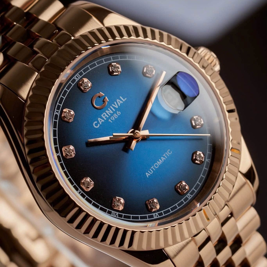 Đồng Hồ Nam Carnival 8250G-VH-X Automatic Dây Thép Màu Vàng Hồng Mặt Xanh Dương Size 38mm