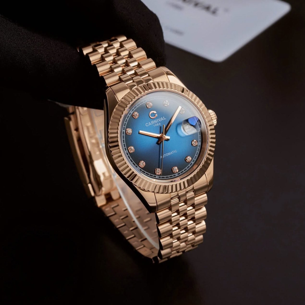 Đồng Hồ Nam Carnival 8250G-VH-X Automatic Dây Thép Màu Vàng Hồng Mặt Xanh Dương Size 38mm
