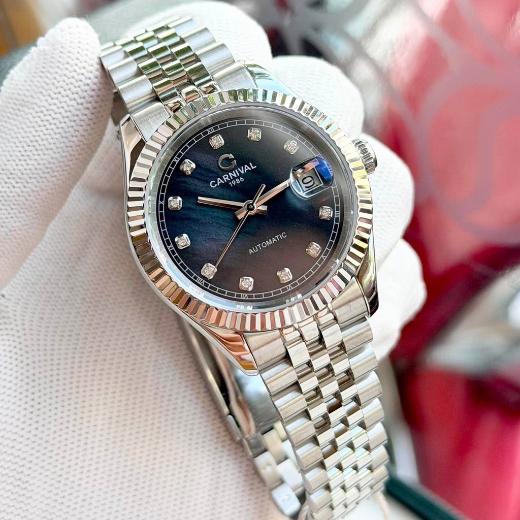 Đồng Hồ Nam Carnival 8250G-VT-DK Automatic Dây Thép Bạc Mặt Xà Cừ Xám Đen Size 38mm